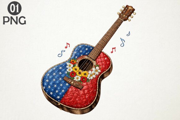 USA Flag Guitar Embroidery Patriotic PNG Review